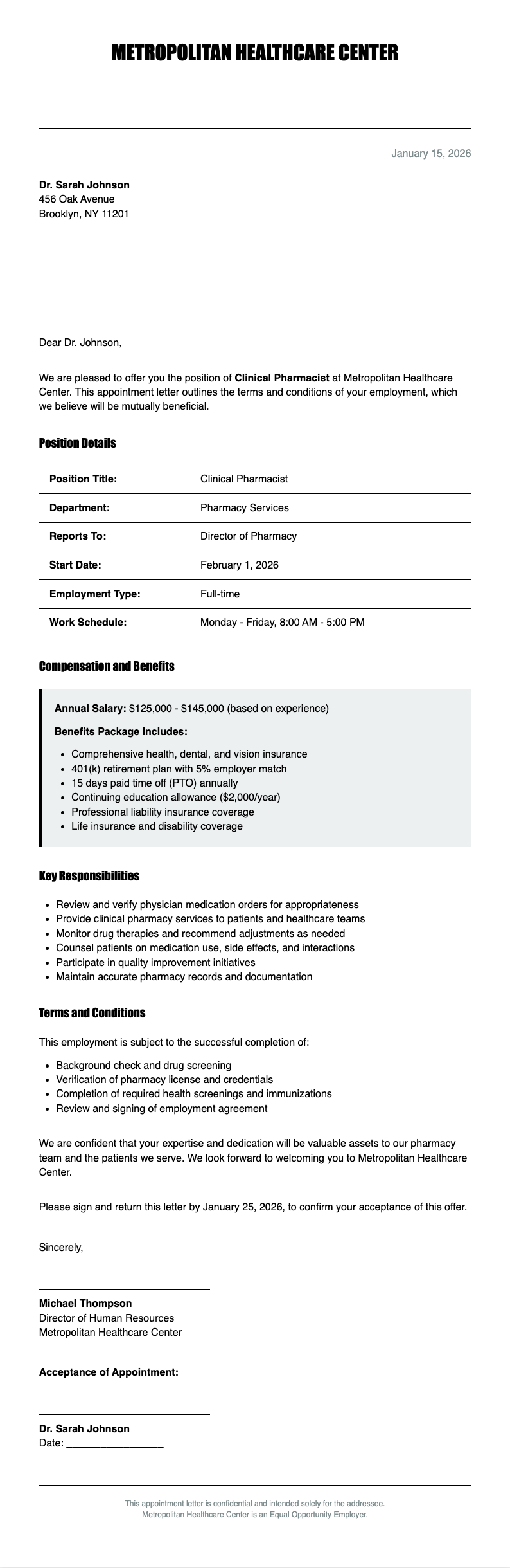 Monochrome stark pharmacist appointment letter